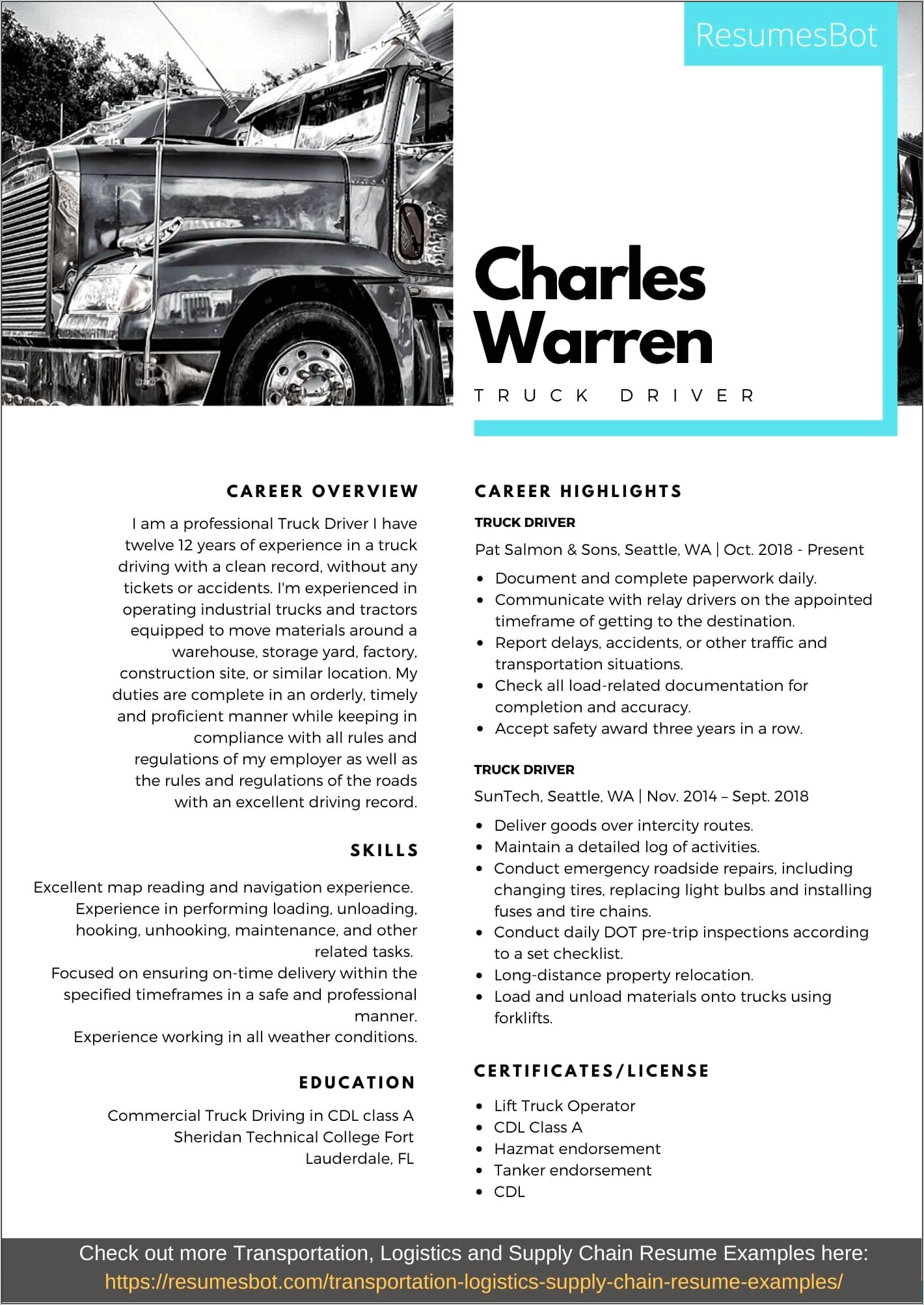Resume Sample Free New Truck Driver