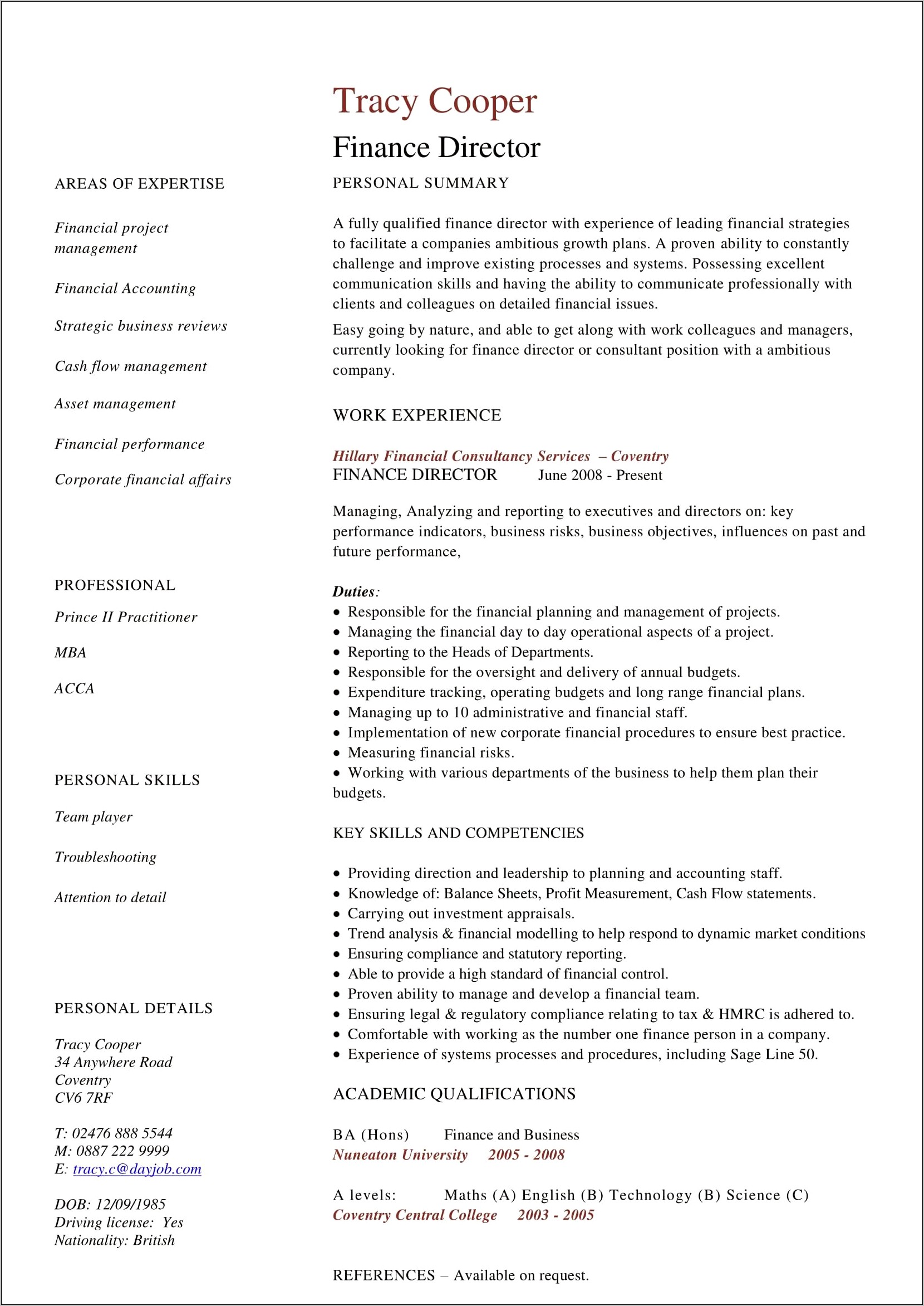 Resume Sample From A Finance Person