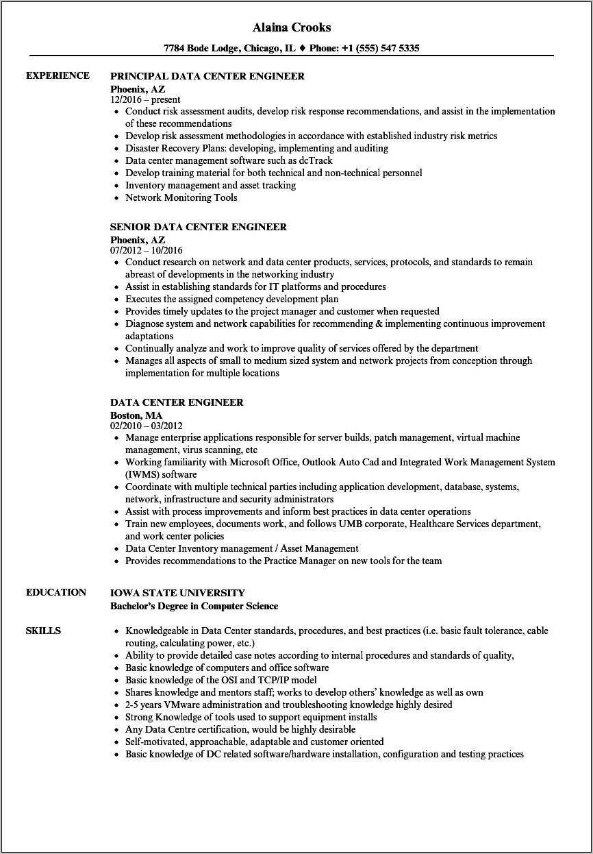 Resume Sample Most Difficult At Data Center Sample