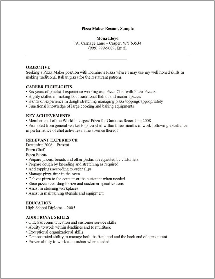 Resume Sample Of A Pizza Maker