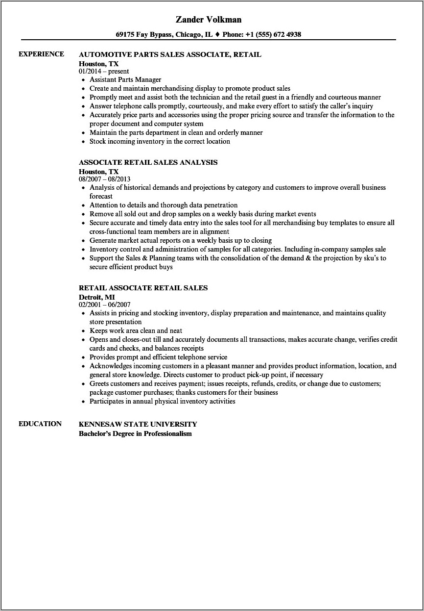 Resume Sample Of A Sales Associate
