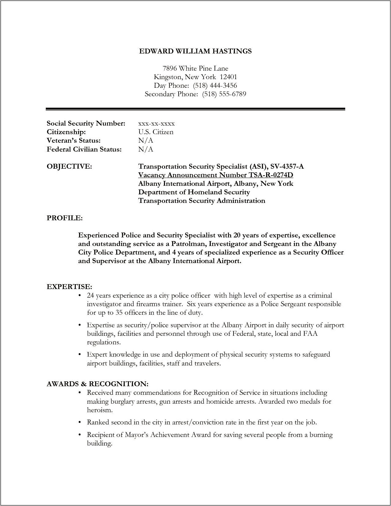 Resume Sample Of Home Land Security