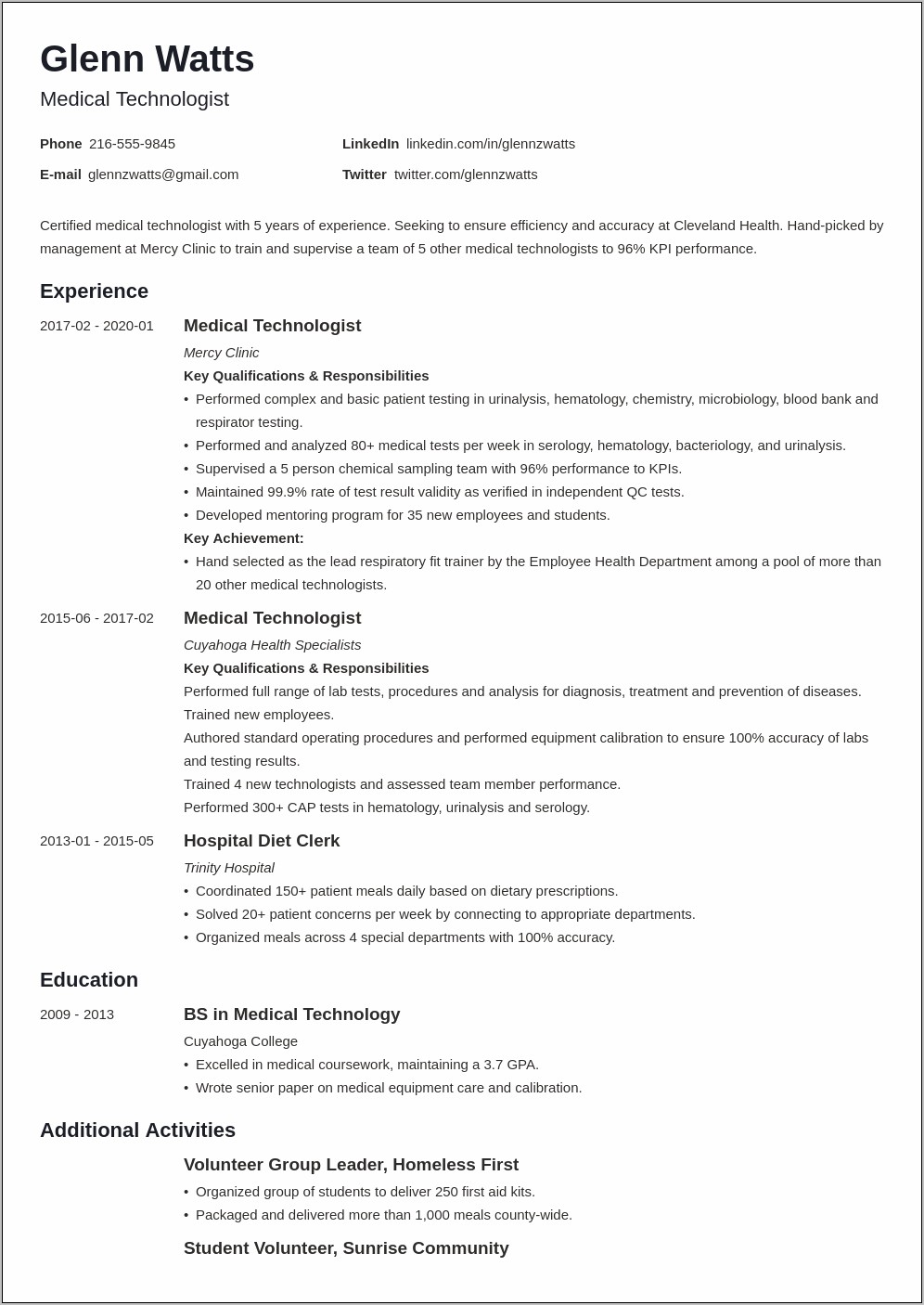 Resume Sample Of Medical Technologist