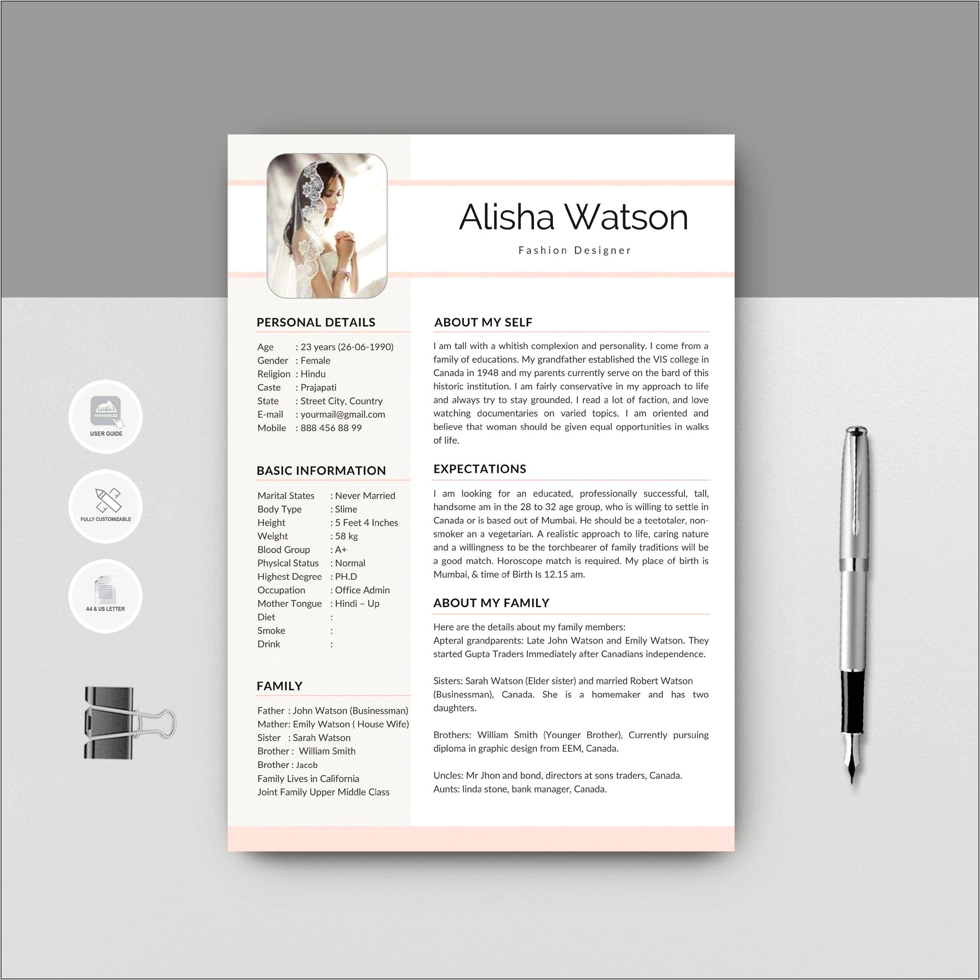 Resume Sample Profile For Marriage