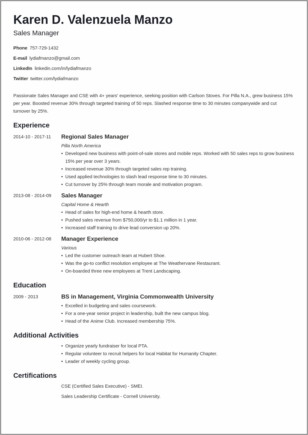 Resume Sample To Become Hiring Manager
