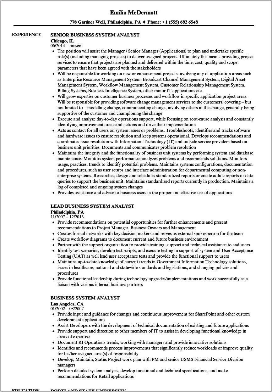 Resume Samples Business Systems Analyst