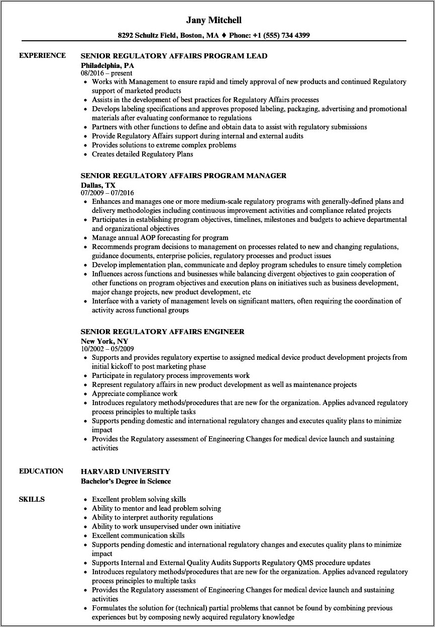 Resume Samples For 510 K Submissions