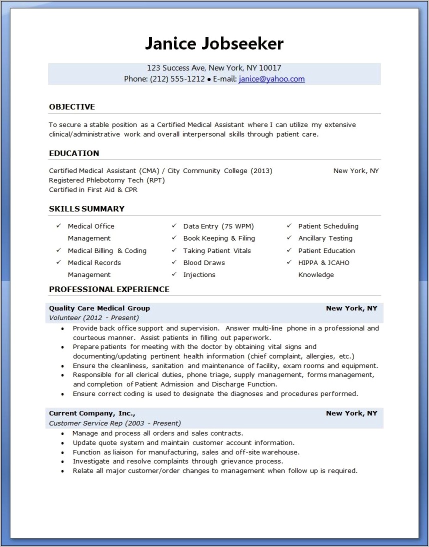 Resume Samples For A Medical Assistant