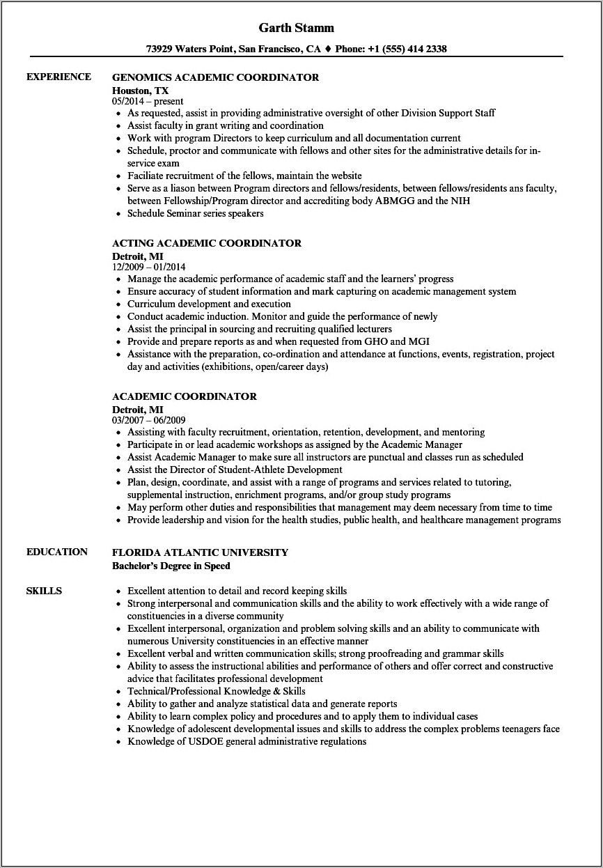 Resume Samples For Academic Positions In Education