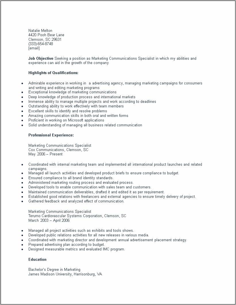 Resume Samples For Communications Specialists