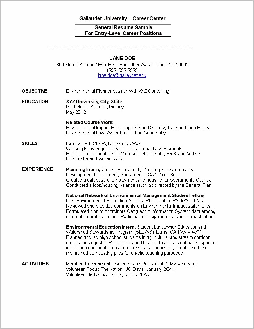 Resume Samples For Environmental Positions