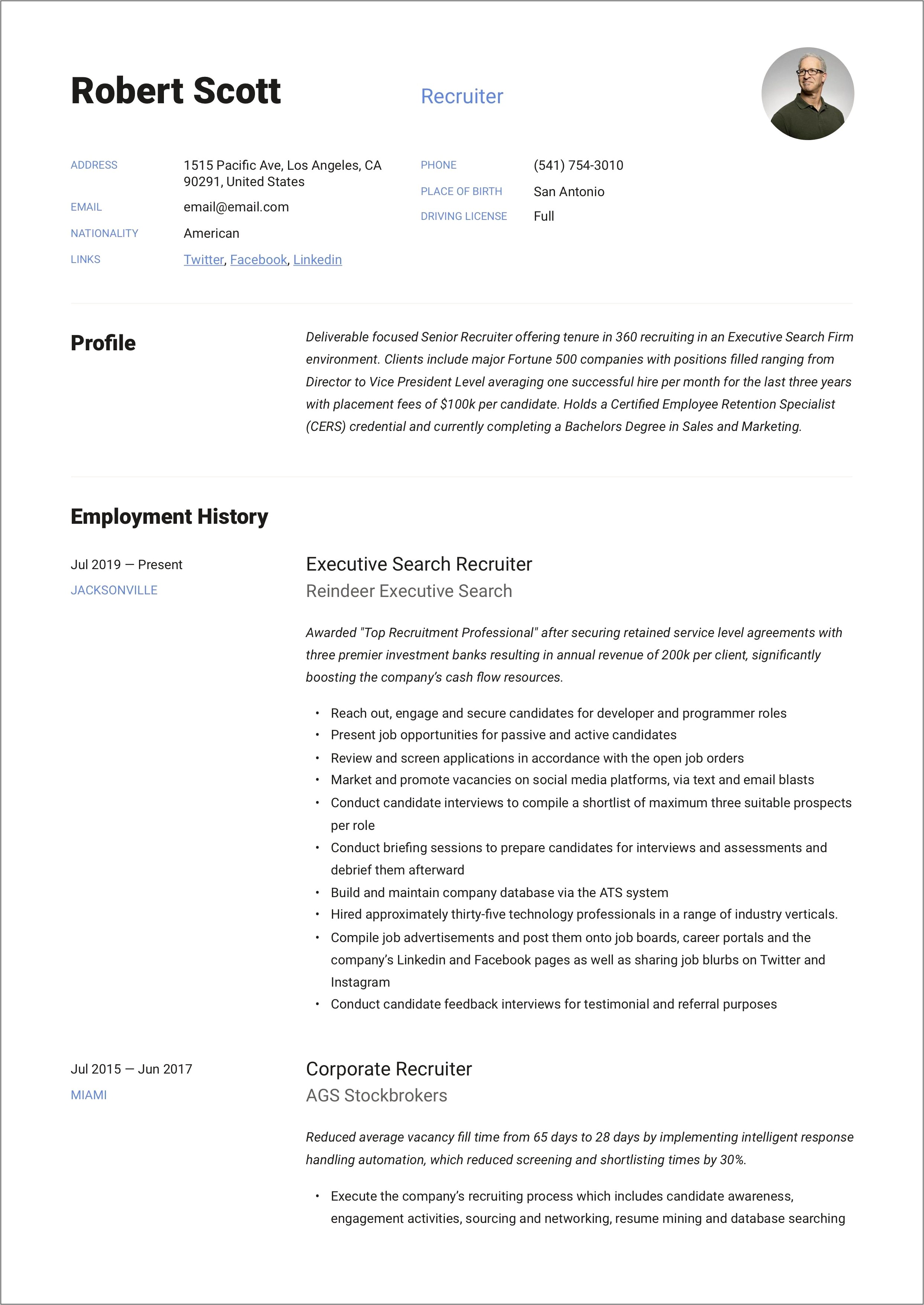 Resume Samples For Recruitment Specialist