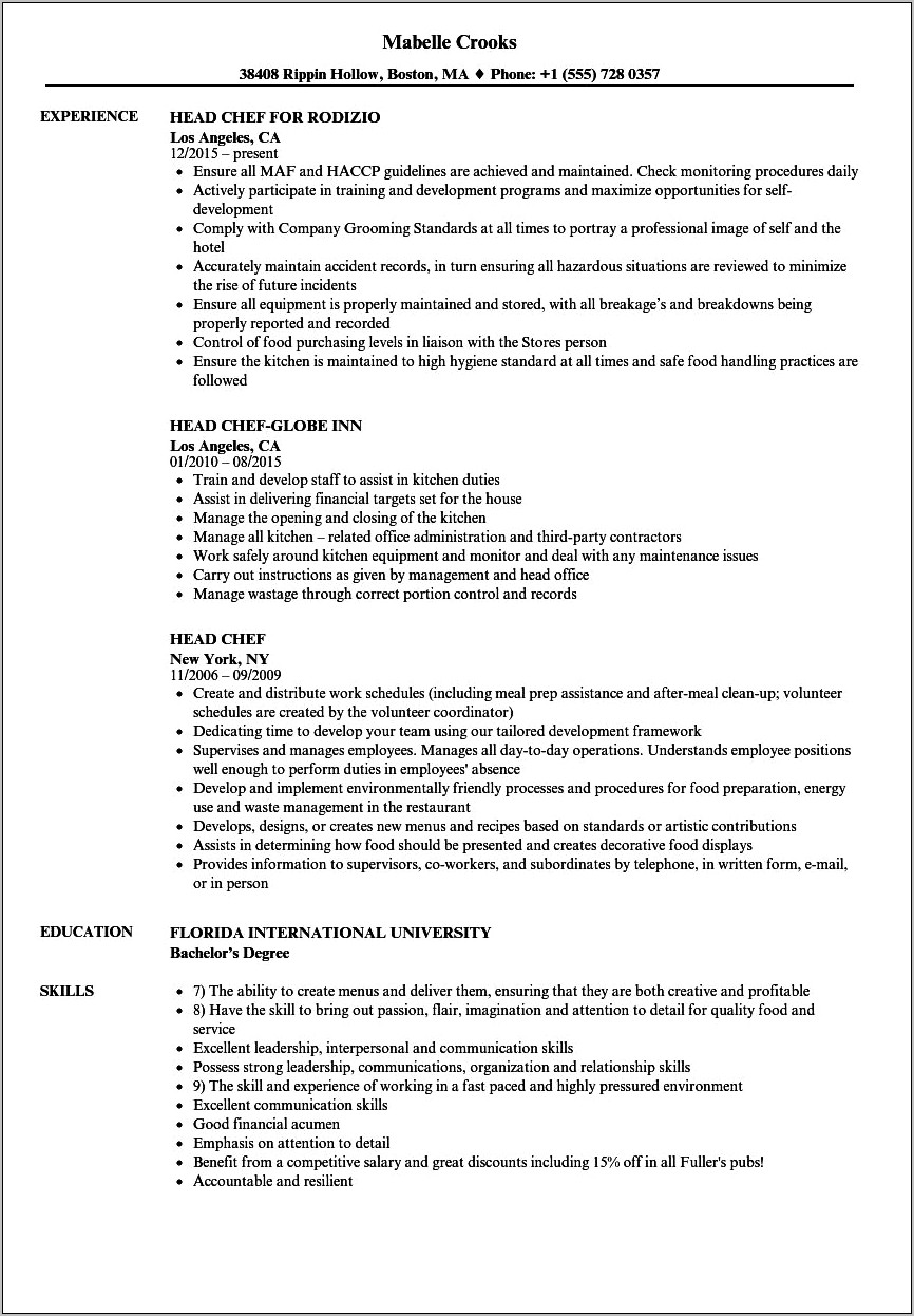 Resume Skills For A Chef