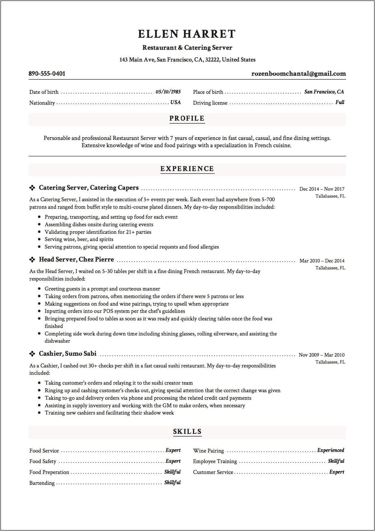 Resume Skills Summary For Waitress