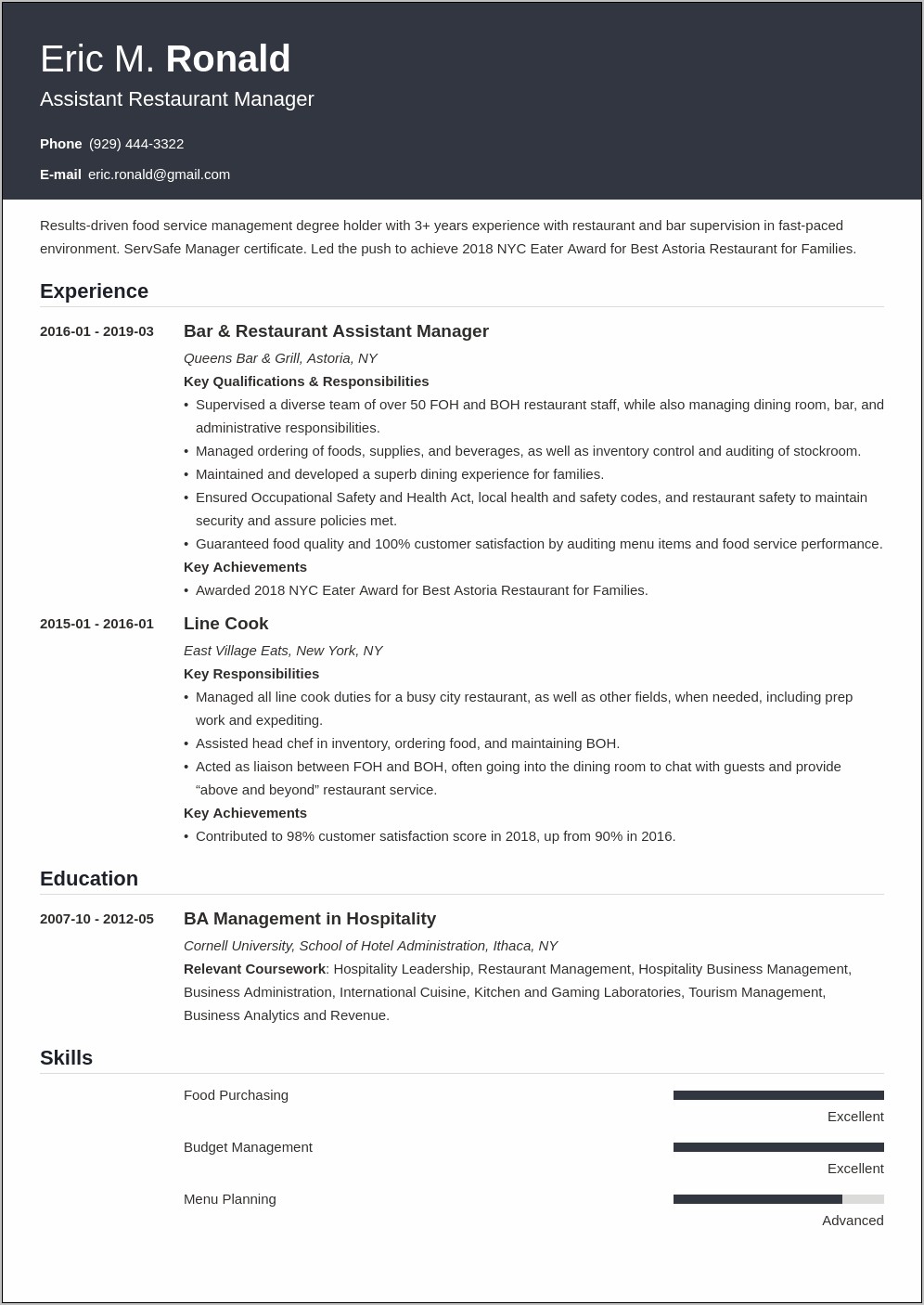 Resume Summary Assistant Manager Restaurant