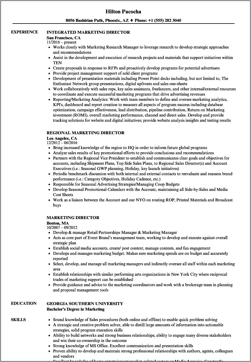 Resume Summary Examples Marketing Director