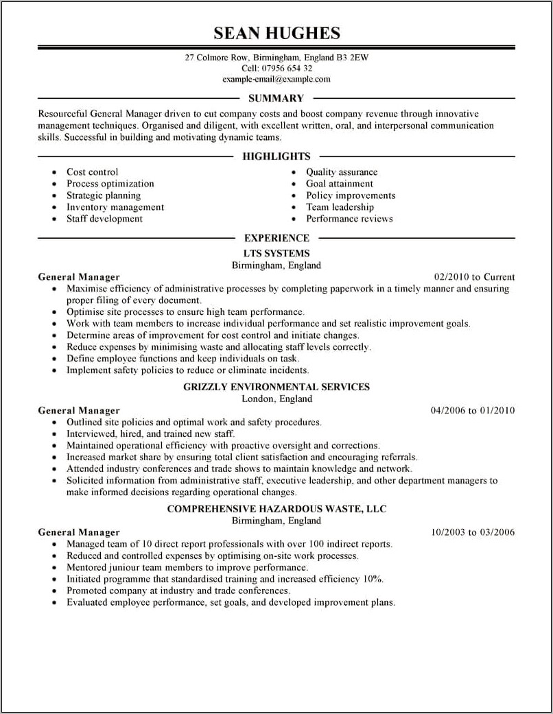 Resume Summary For General Manager