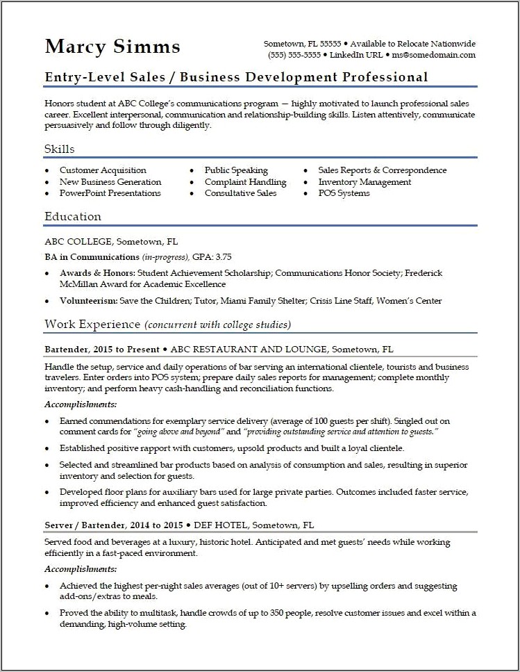 Resume Without Job Experience College