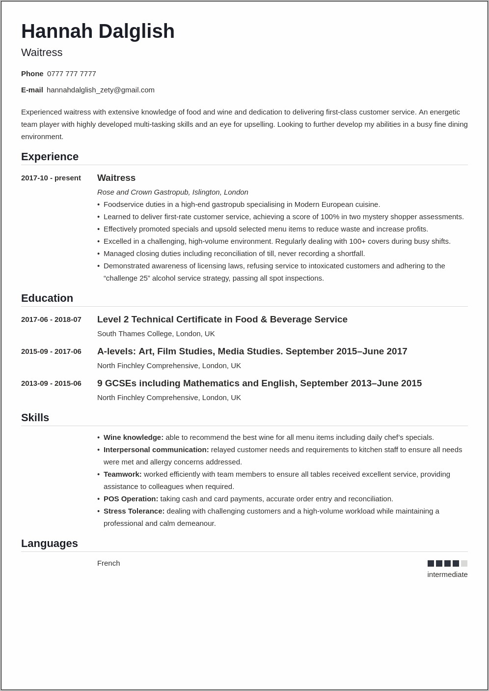 Resume Work Experience Waitress Examples