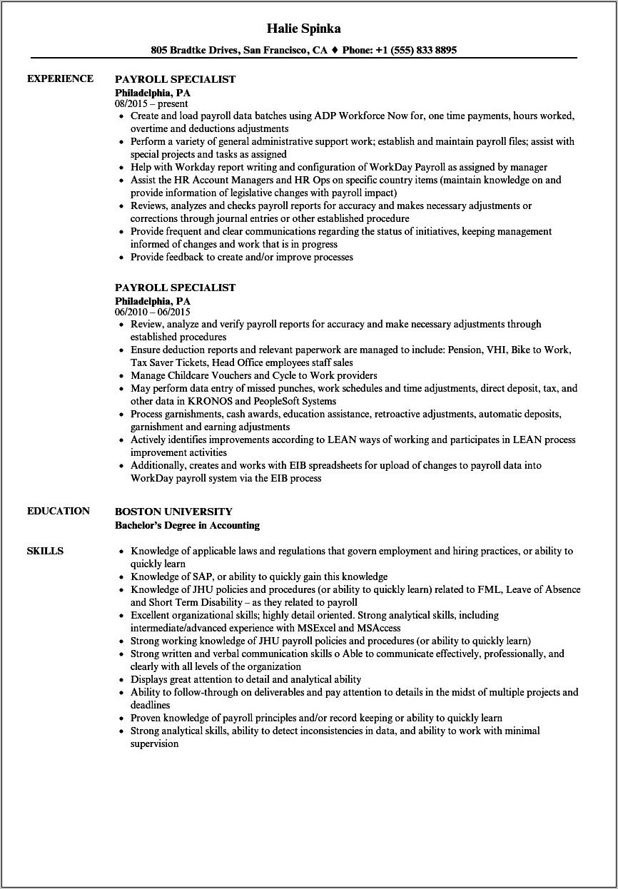 Resumes Samples For Payroll Specialist
