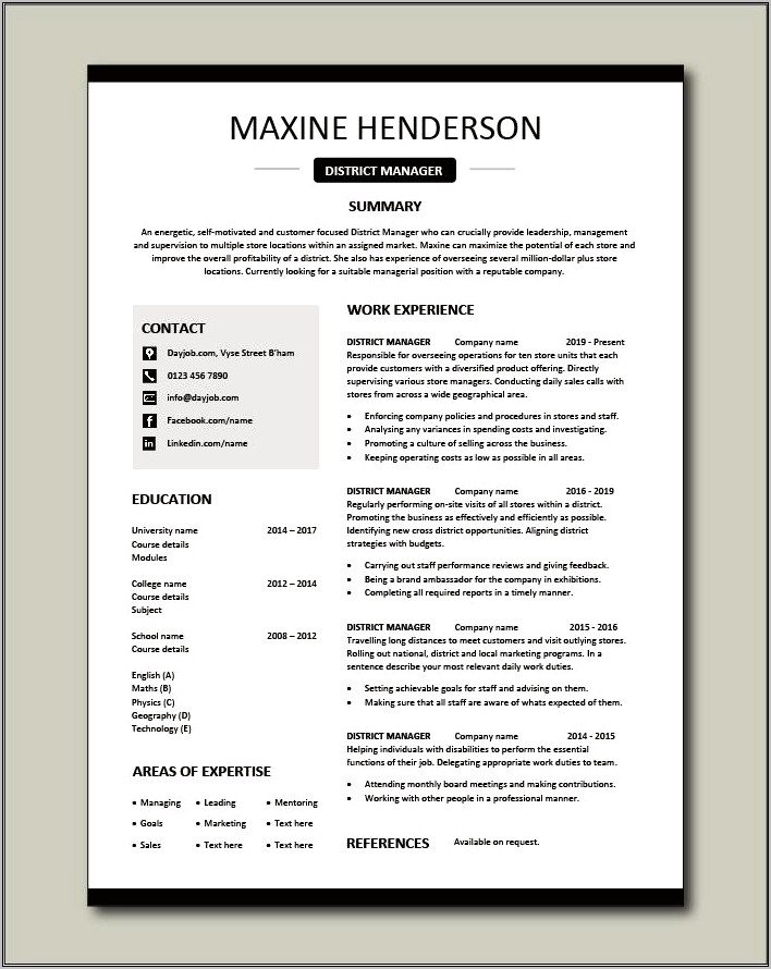 Retail Area Manager Resume Samples