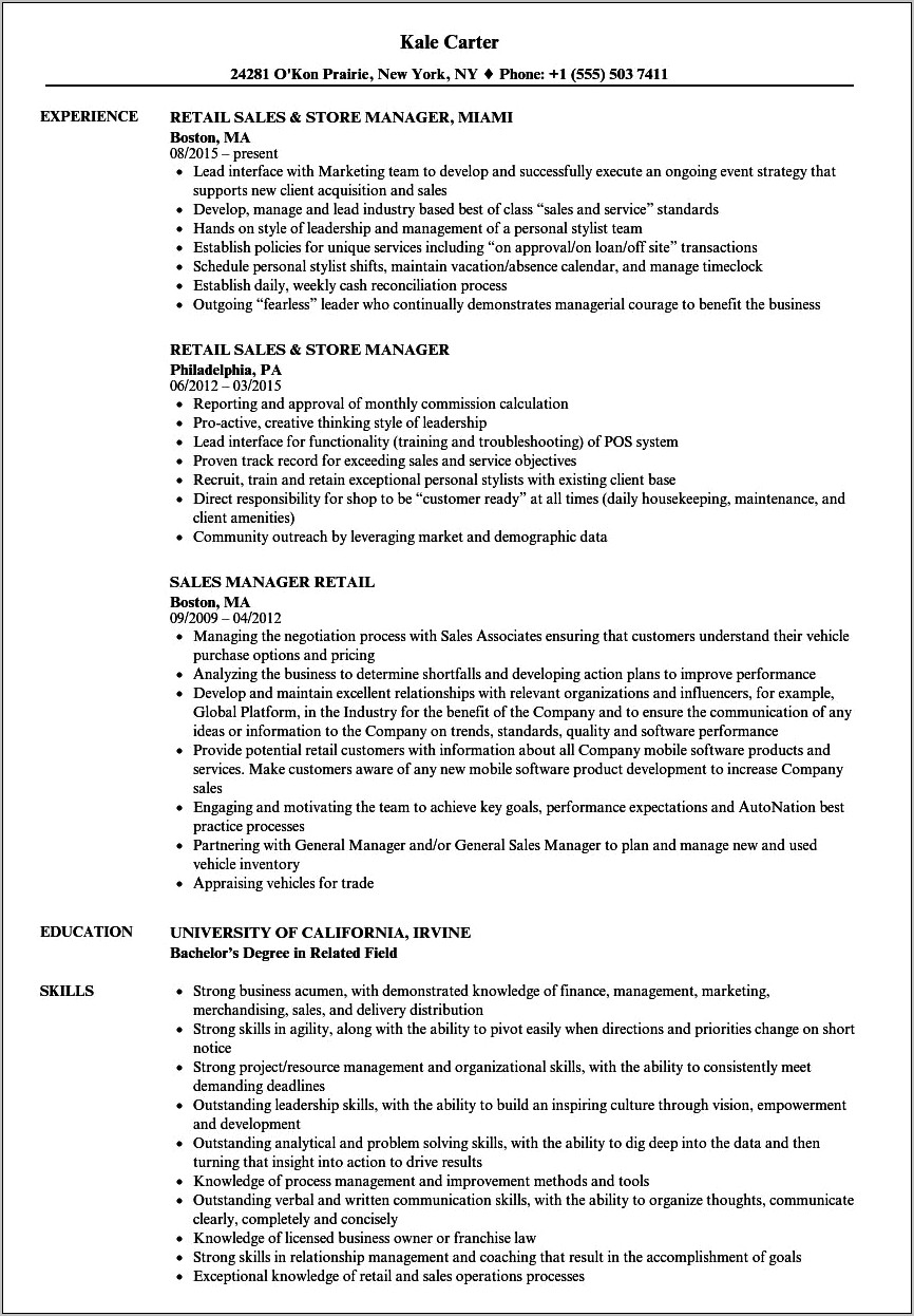 Retail Sales Manager Objective Resume