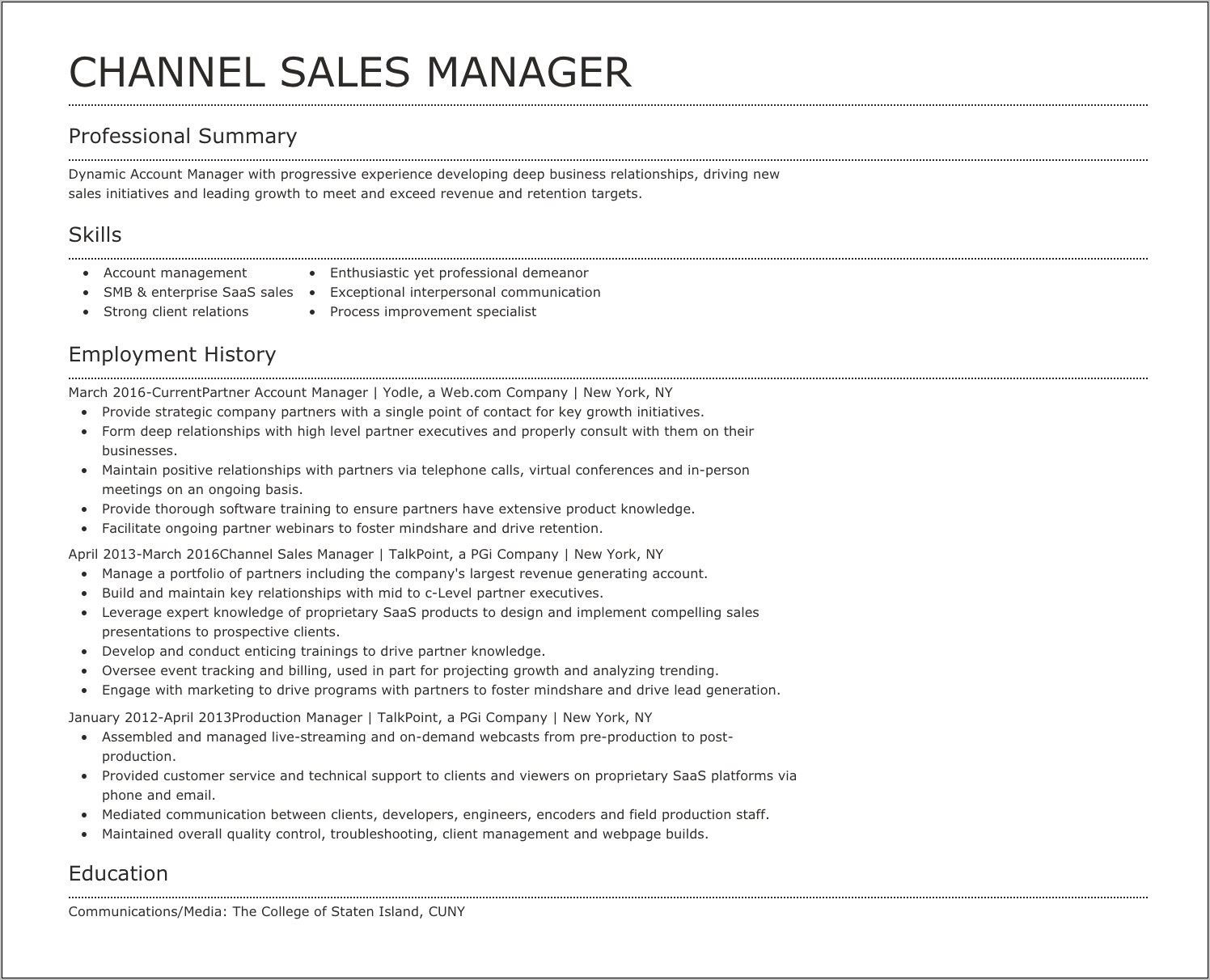 Sales Account Manager Resume Summary