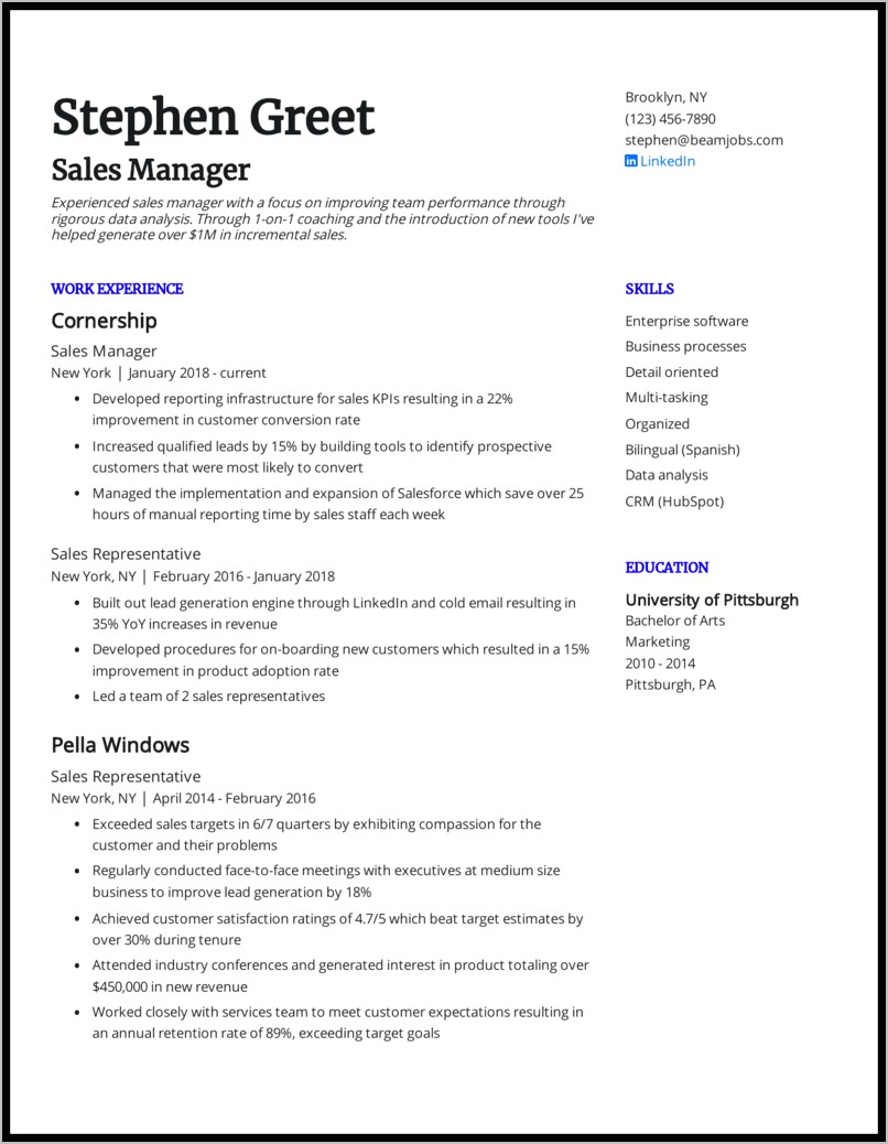 Sales Manager Experiences Resume Samples