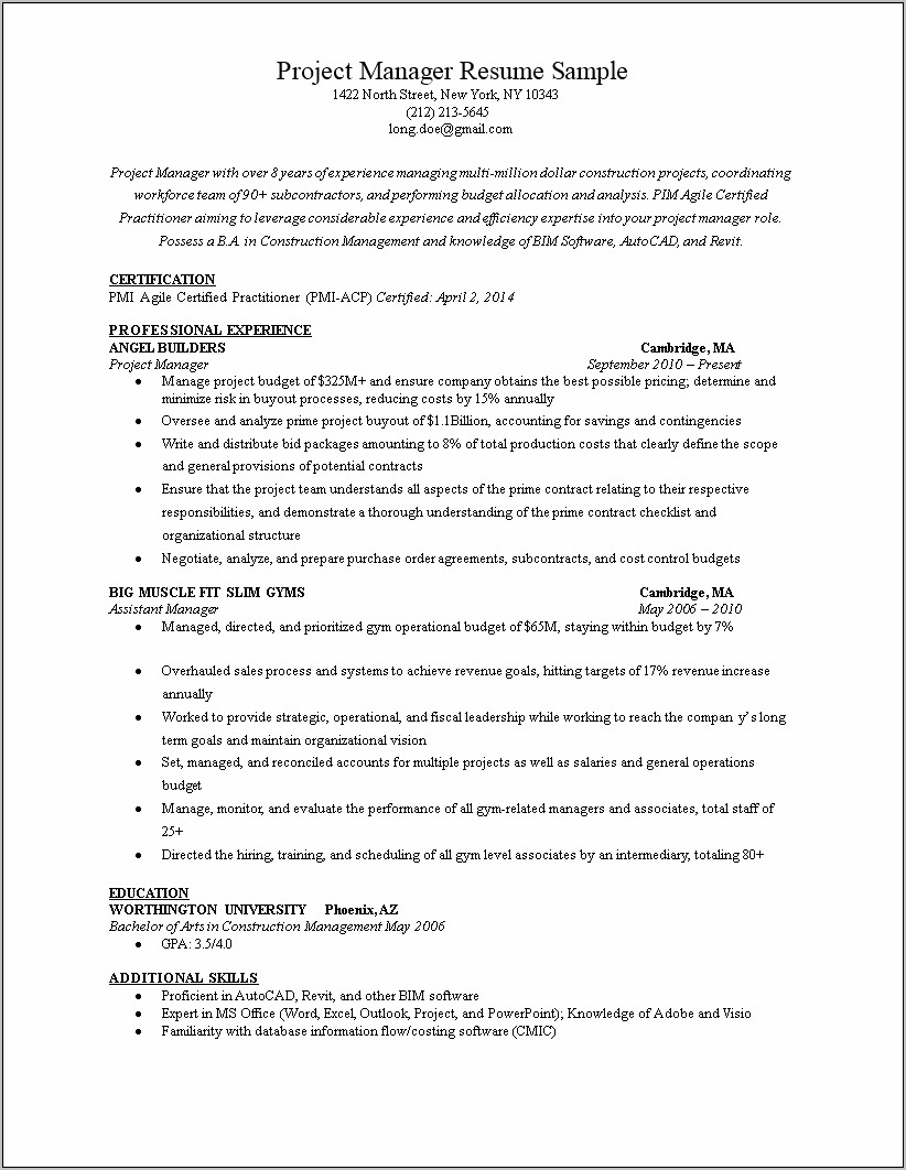 Sample Agile Project Manager Resume