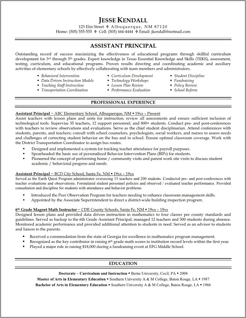 Sample Assistant Principal Resume Objective