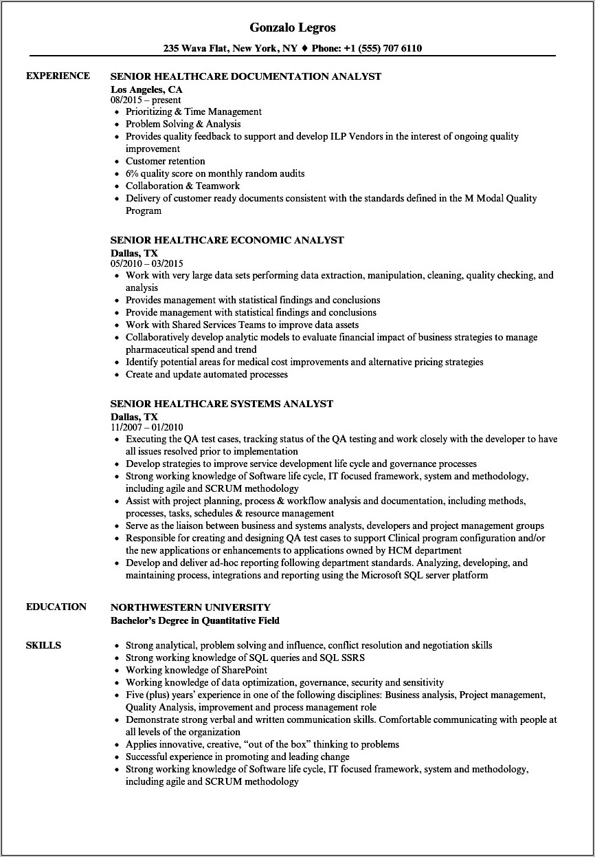 Sample Business Analyst Resume Healthcare