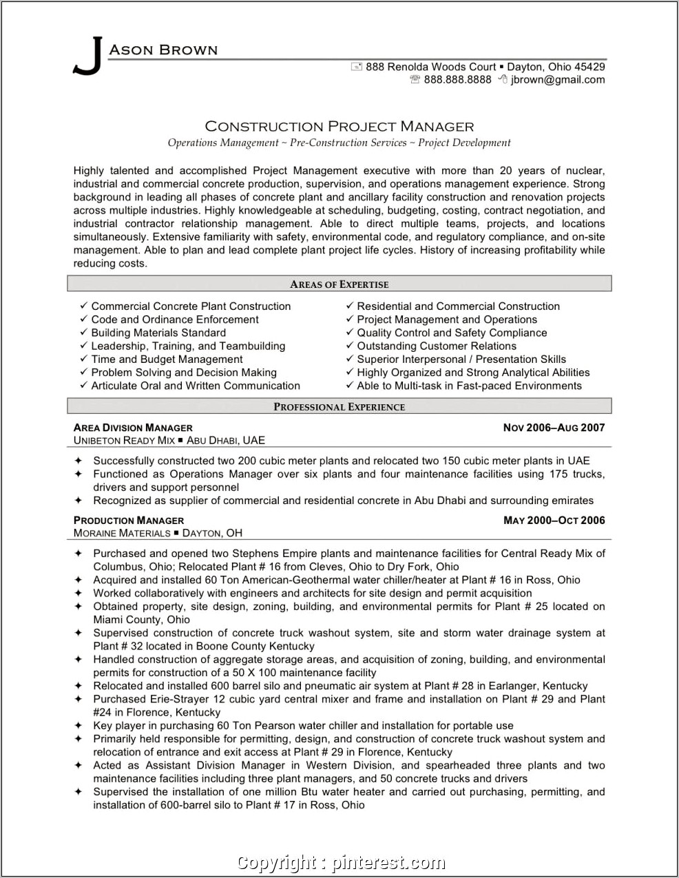 Sample Construction Project Executive Resume