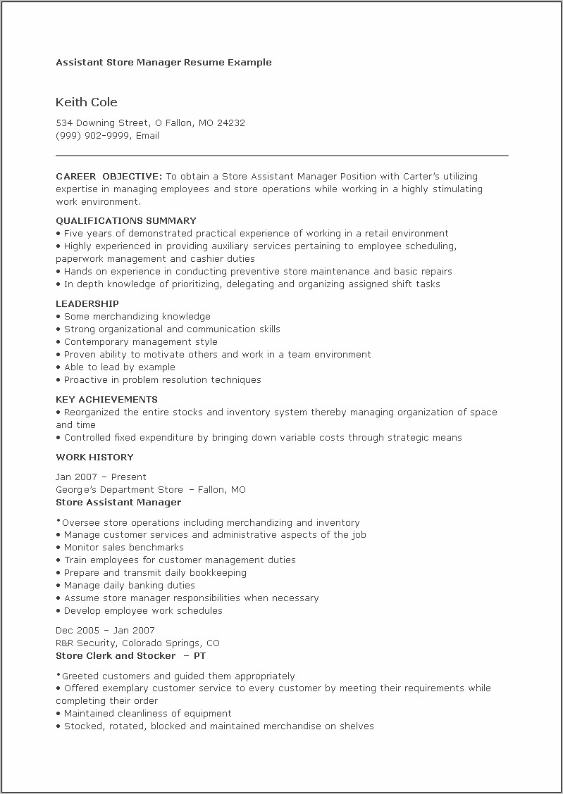 Sample Department Store Manager Resume