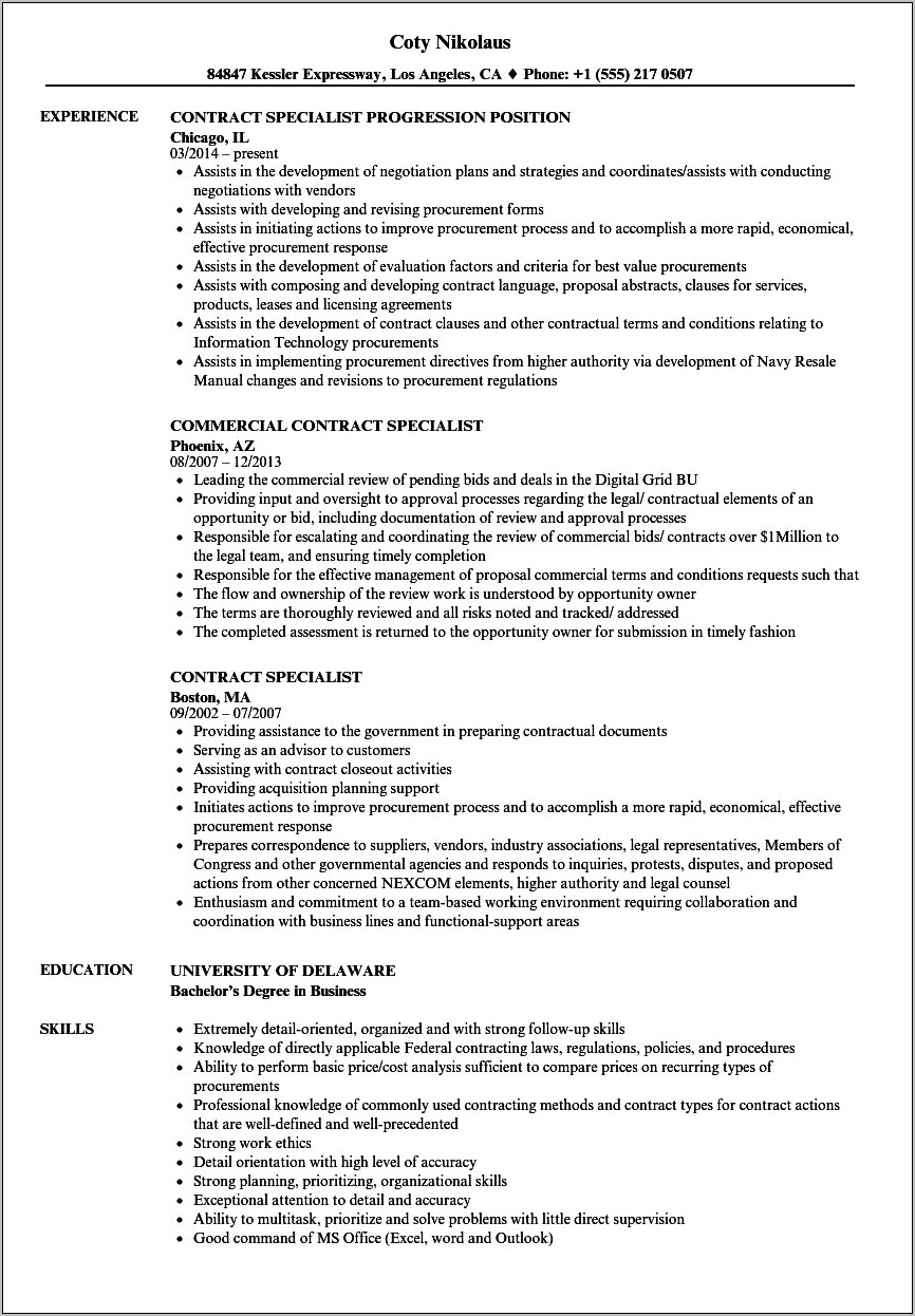 Sample Federal Contract Specialist Resume