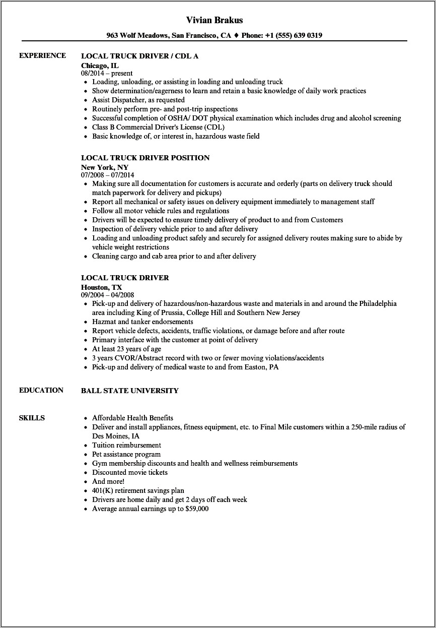 Sample Of Delivery Driver Resume