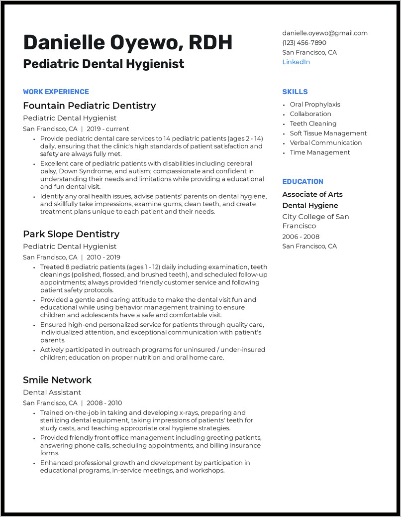 Sample Of Dental Hygiene Resume