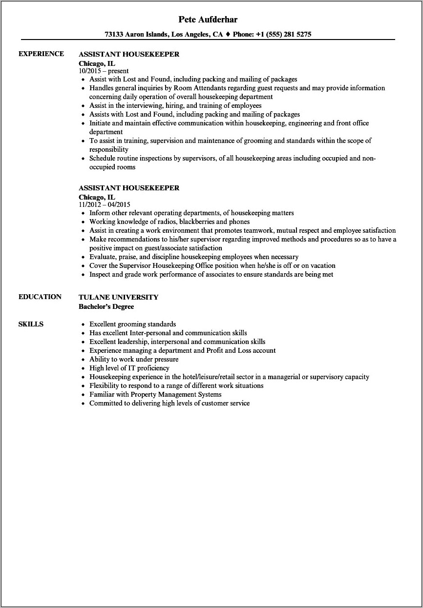 Sample Of Executive Housekeeper Resume