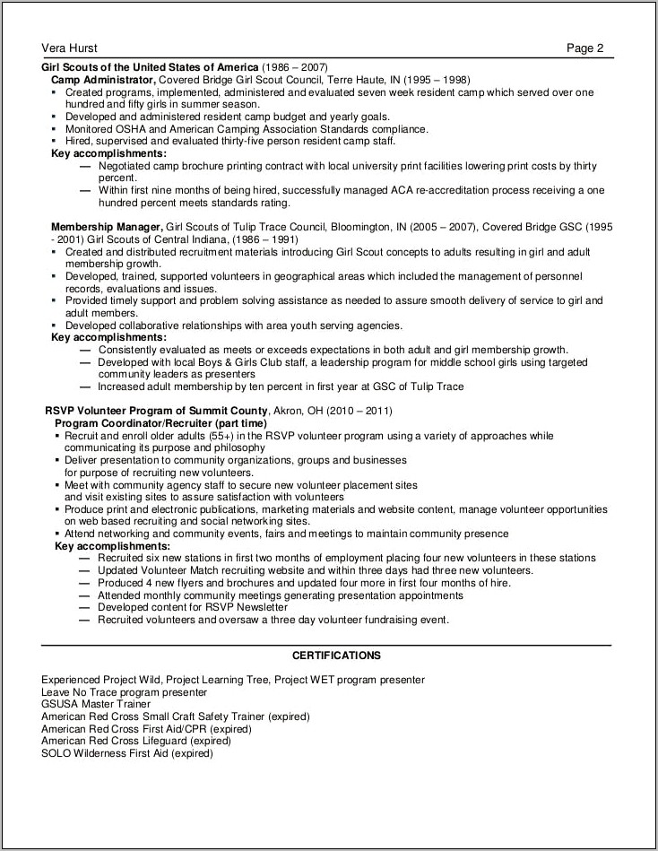 Sample Parks And Recreation Resume