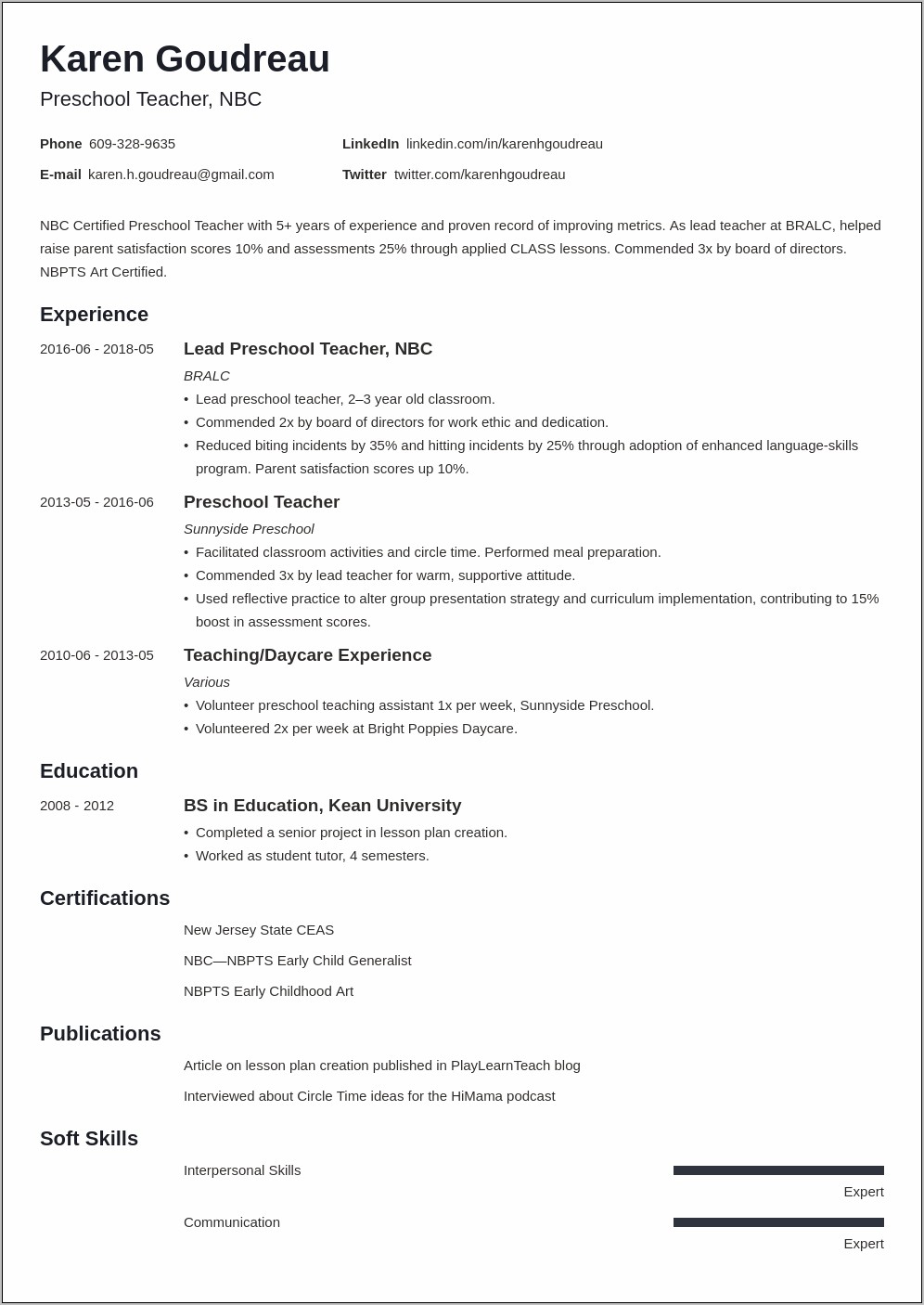 Sample Pre School Teaching Resume