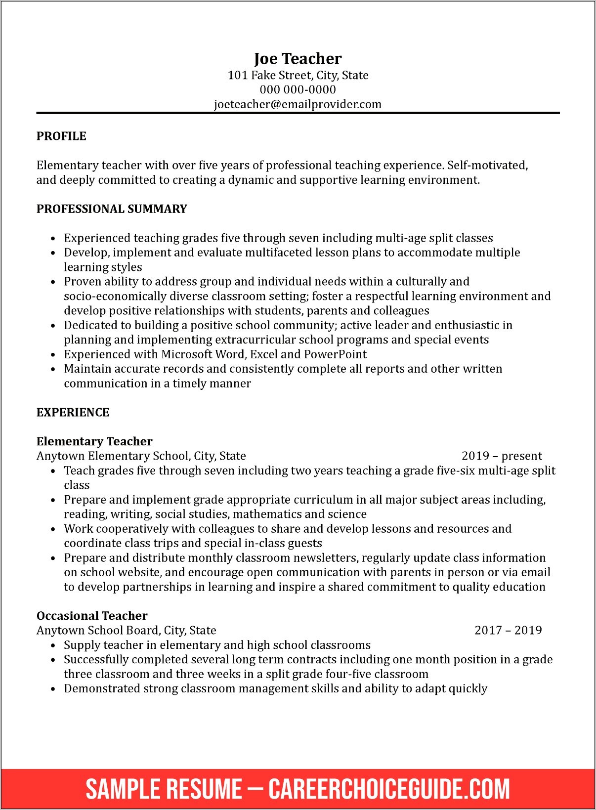 Sample Profile For Teacher Resume