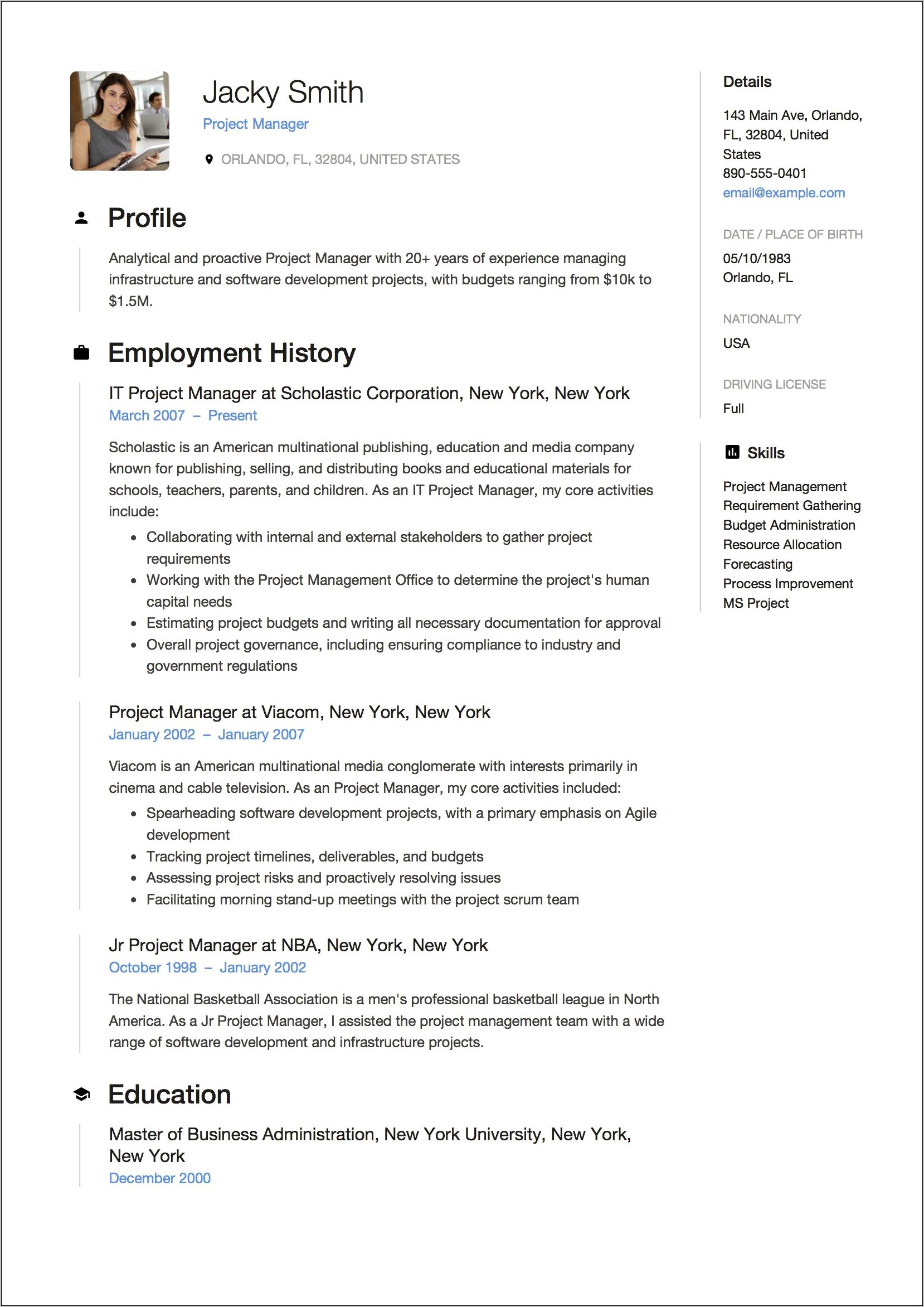 Sample Project Manager Resume Download