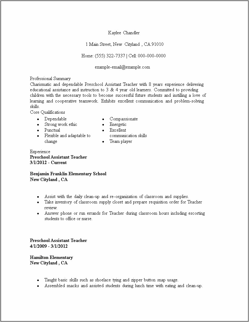 Sample Resume Assistant Teacher Preschool