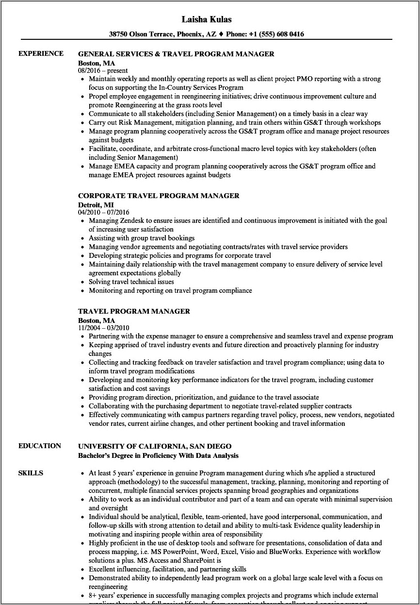 Sample Resume Corporate Travel Manager