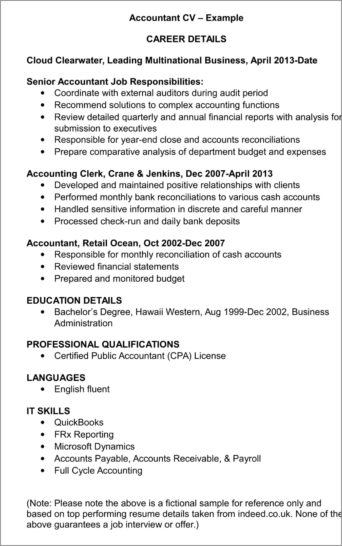 Sample Resume For Accounting Position