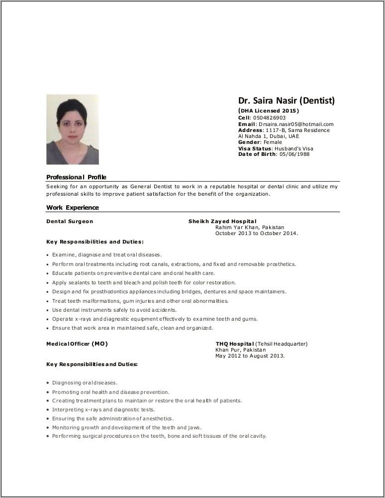 Sample Resume For Bds Doctors