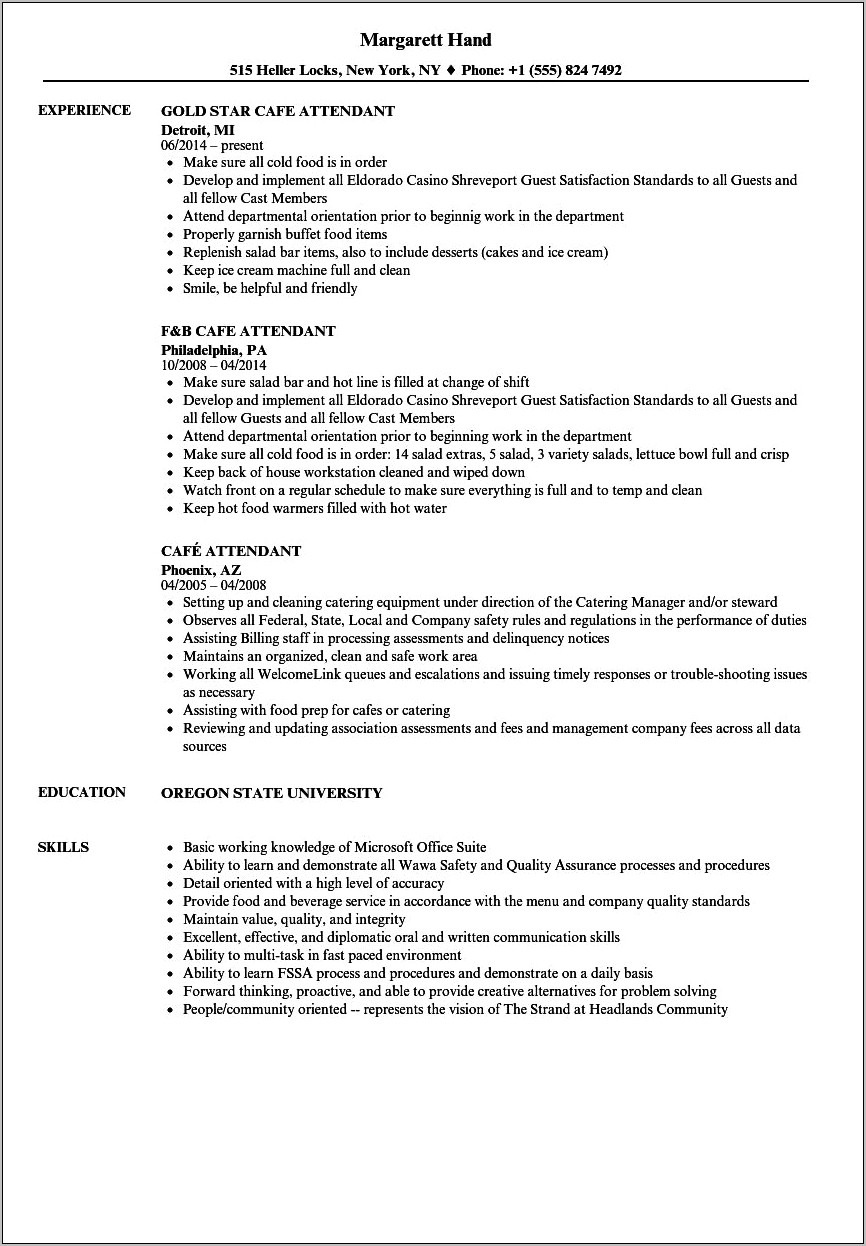Sample Resume For Cafeteria Assistant