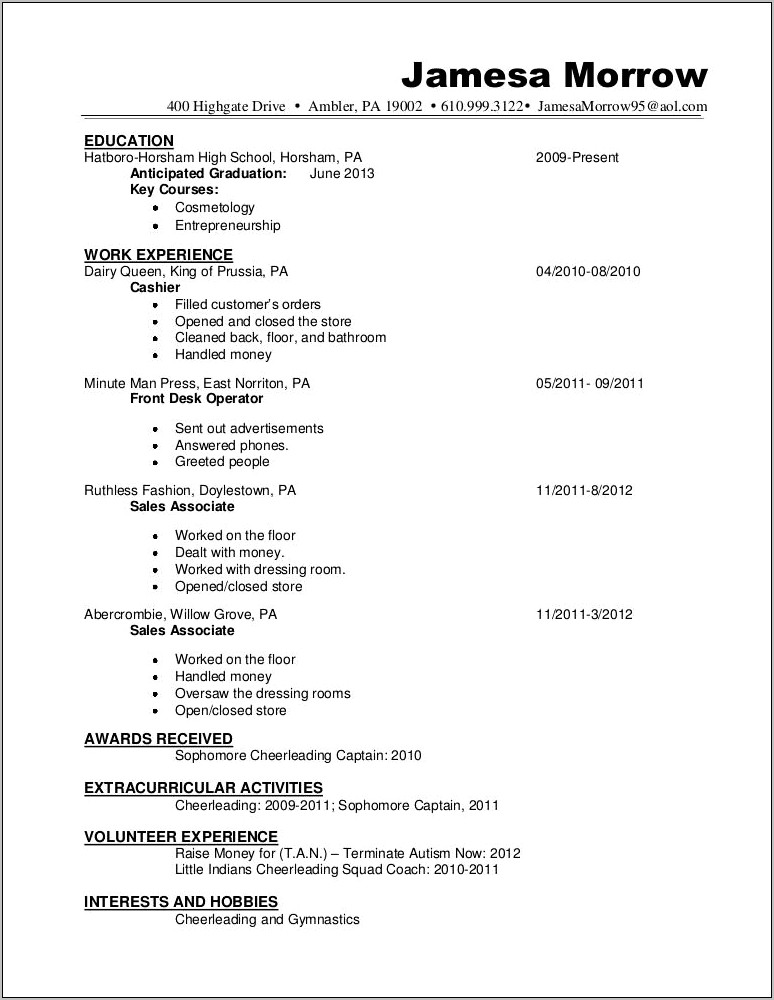 Sample Resume For Dairy Queen