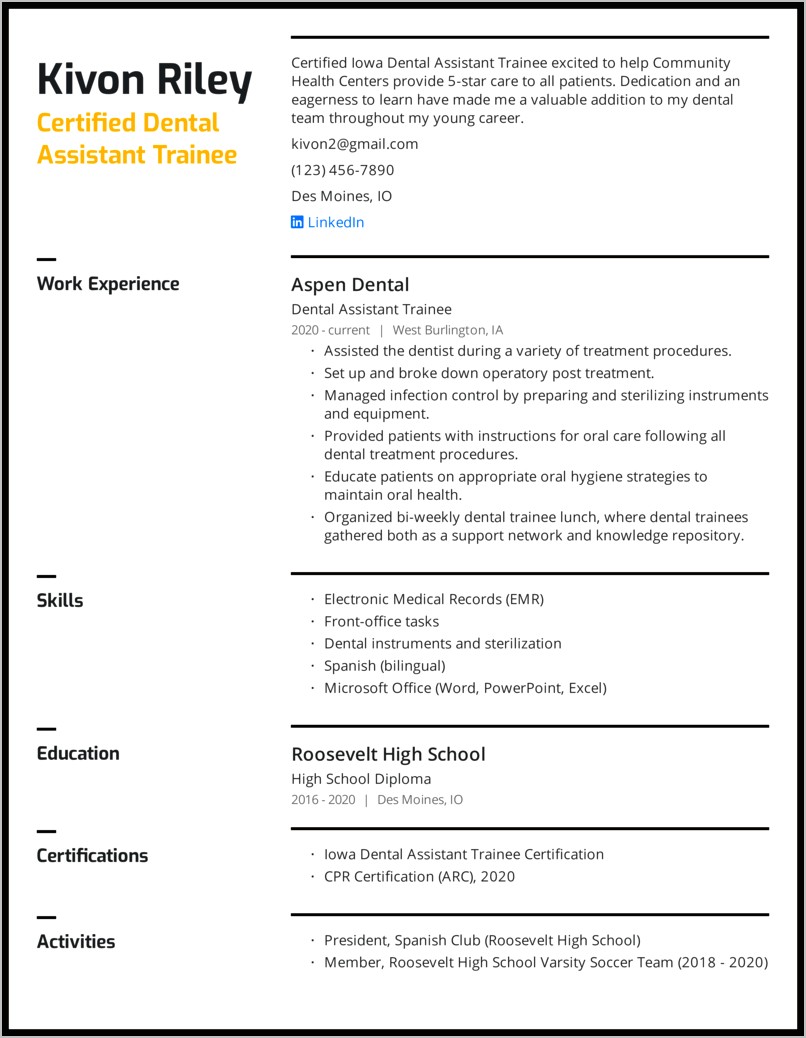 Sample Resume For Dentist Assistant