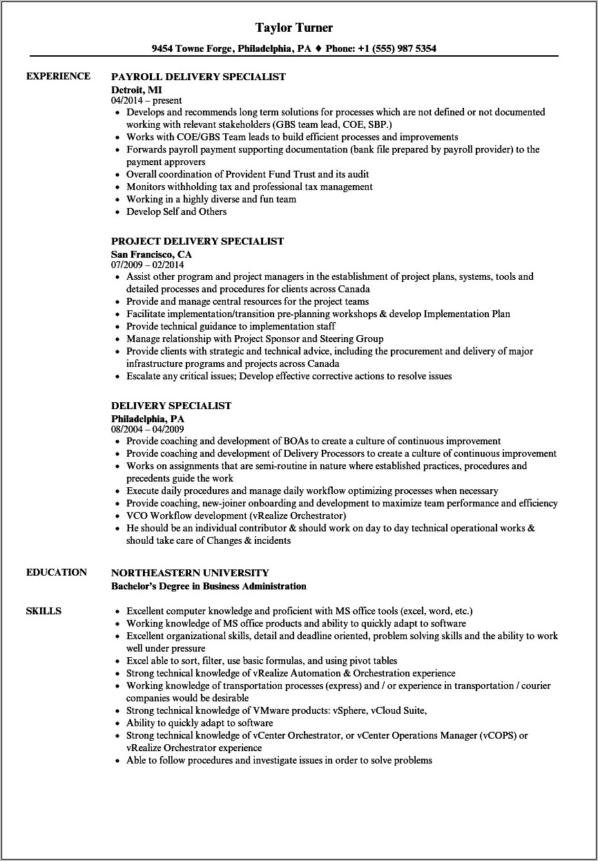 Sample Resume For Fulfillment Specialist
