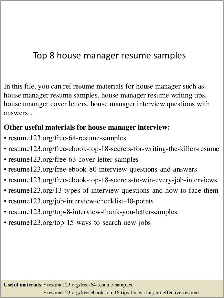 Sample Resume For House Manager